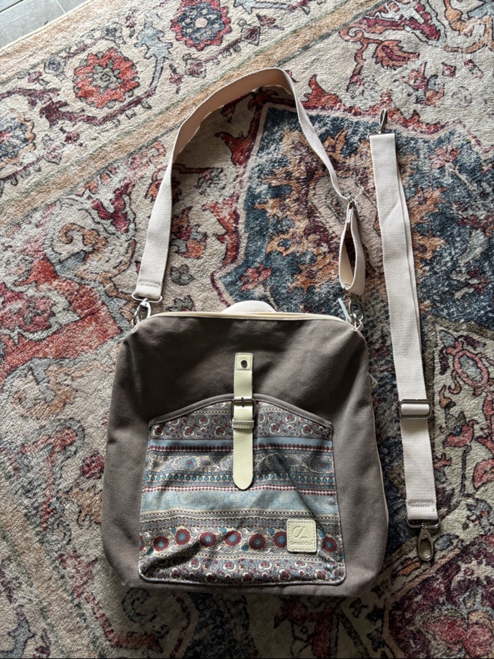 Neutral Canvas Crossbody Bag with Patterned Front Pocket